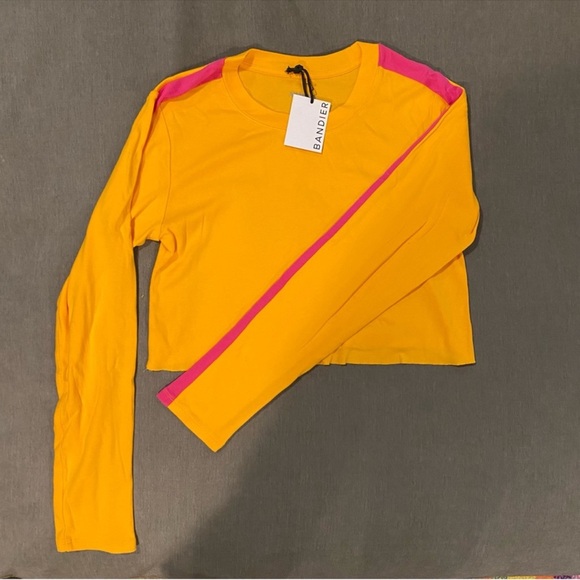 NWT BANDIER ALL ACCESS LONG SLEEVE CROP TOP ORANGE WITH PINK STRIPE - Picture 4 of 7